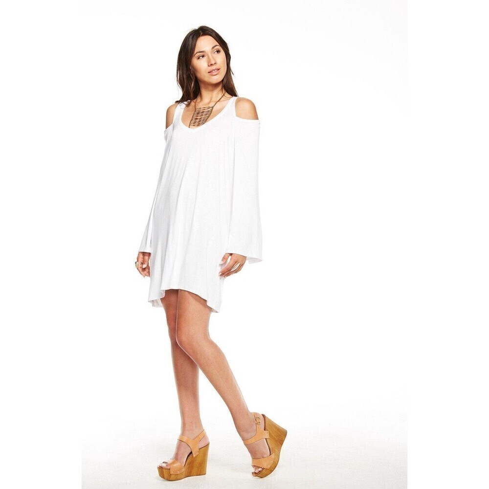 NWT CHASER White Jersey Double V Cold Shoulder Bell Sleeve Mini Dress Medium